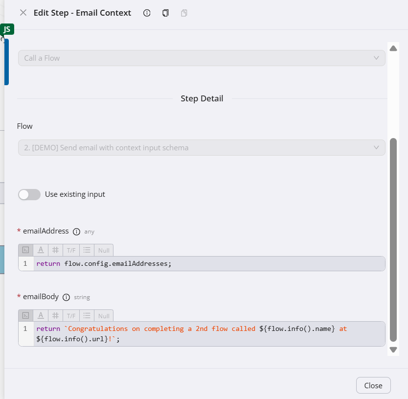 Email flow step inputs