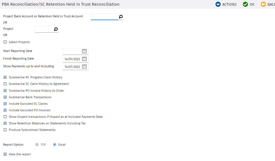PTA Reconciliation Report Selection Screen