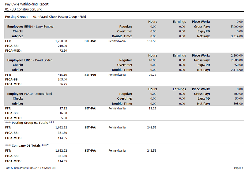 Reporting Cycle Sample Sample Pay Cycle Withholding Report | Trimble Help