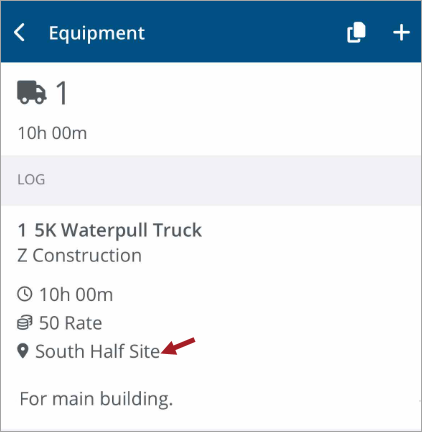 Equipment location in the daily reports equipment log