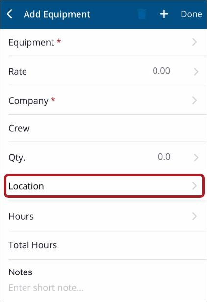 Location field on Add equipment page