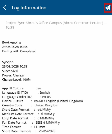 Share icon on the Log Information page