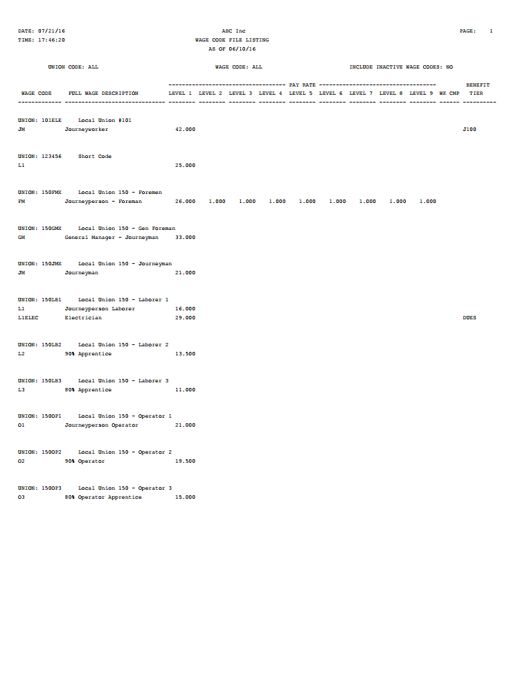 Wage Code File Listing - Sample Report (summary) | Trimble Help