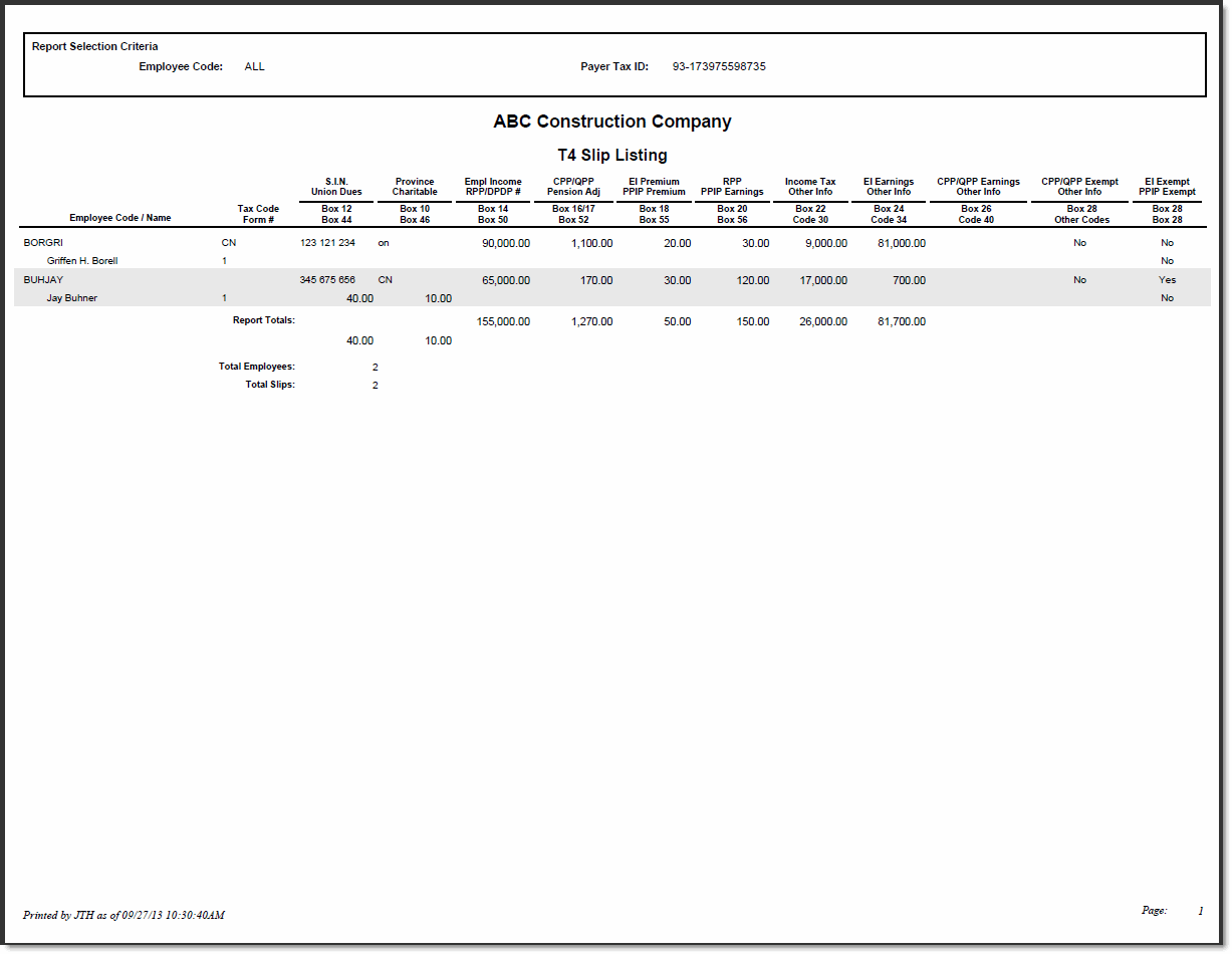 T4 Slip Listing - Sample Report | Trimble Help