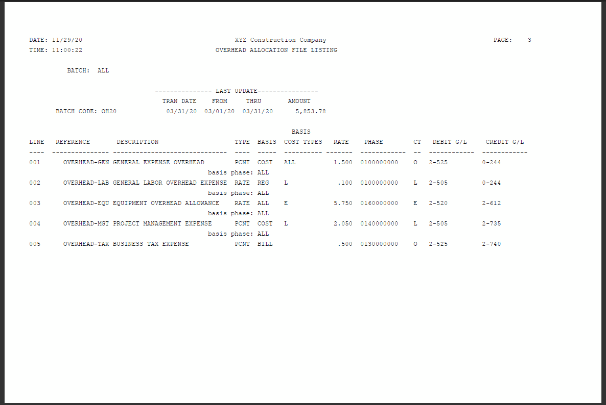 Overhead Allocation Listing - Sample Report | Trimble Help