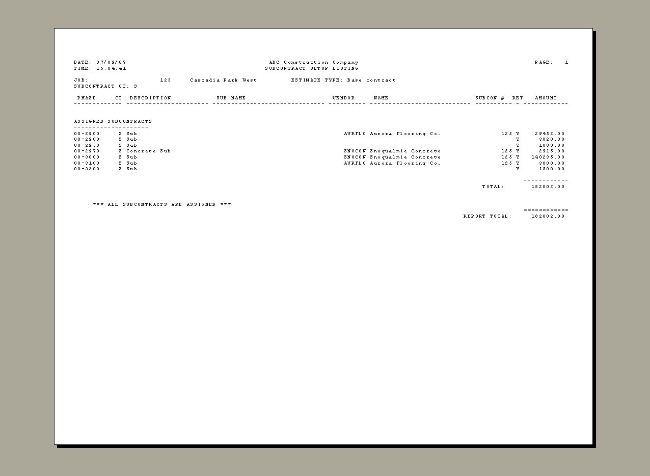 Standard - Job Setup Report (Subcontract Listing) | Trimble Help