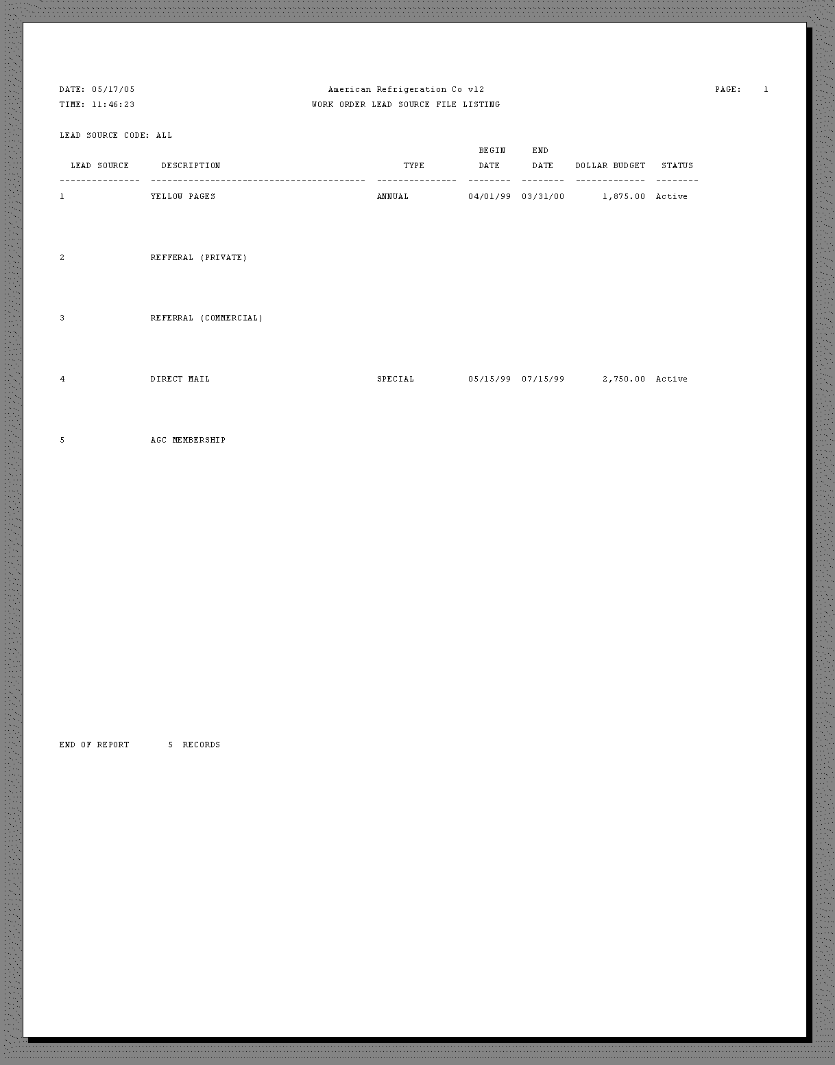 Lead Source Listing - Sample Report | Trimble Help