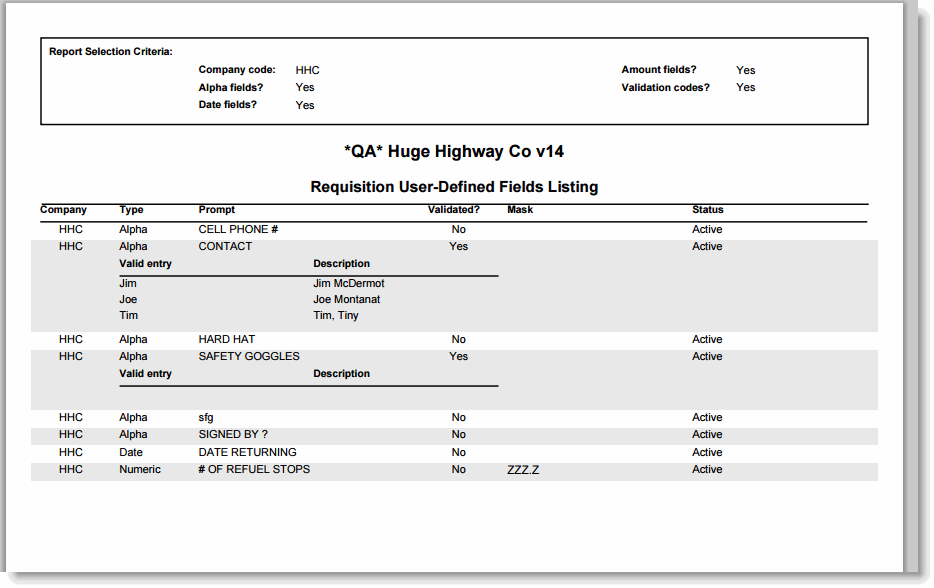 Requisition User-Defined Fields Listing - Sample Report | Trimble Help