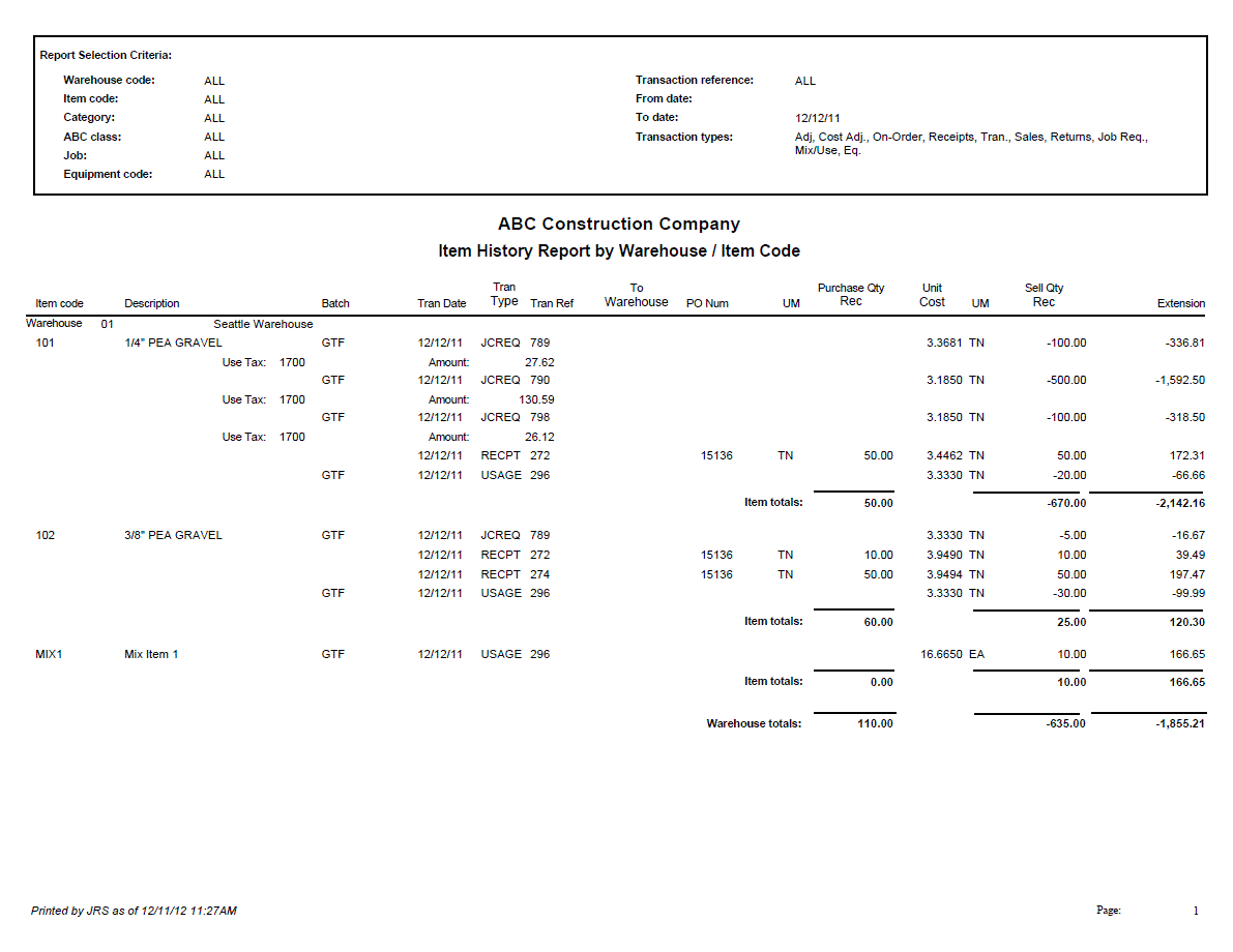 Item History Report, Warehouse / Item | Trimble Help