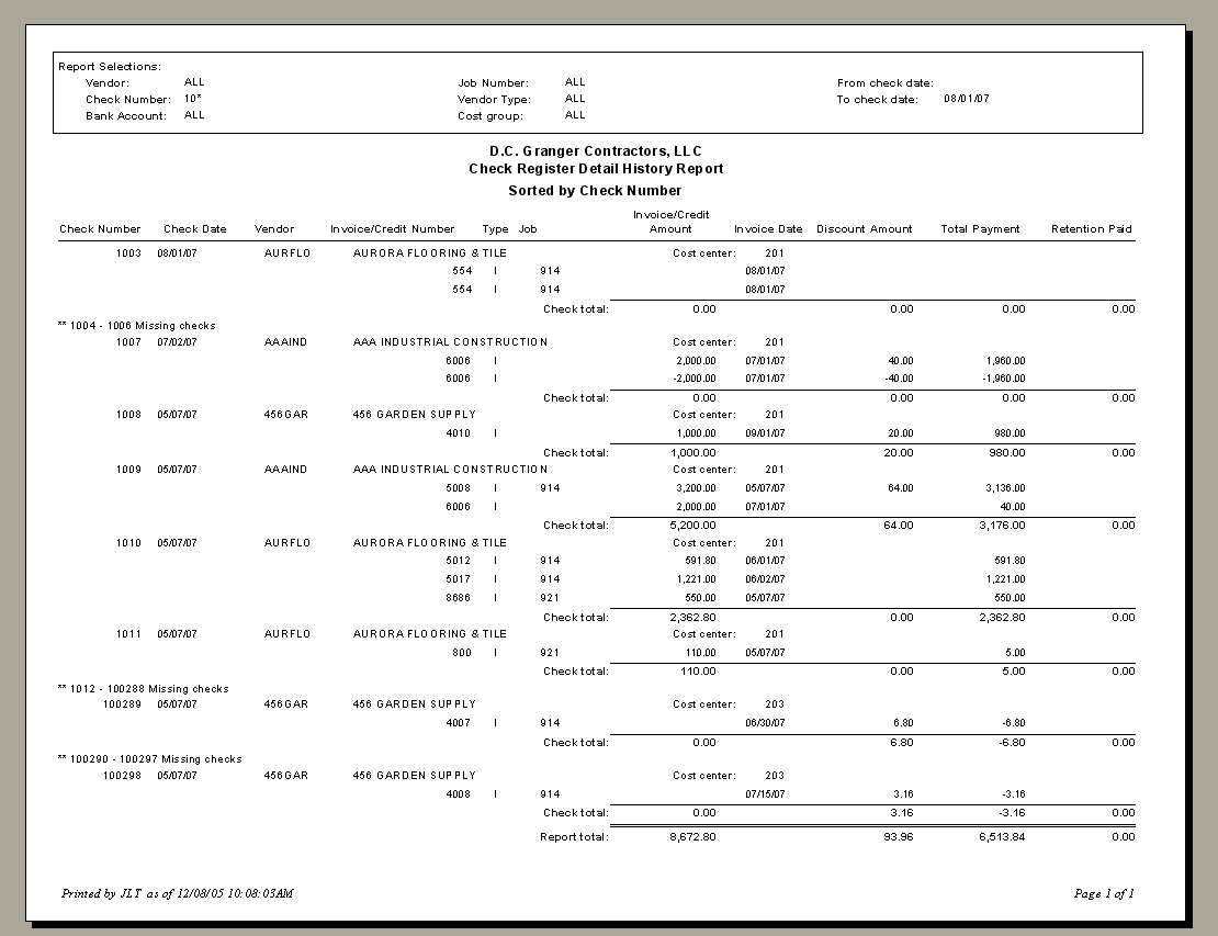 Payment Register Detail History Report By Check Number | Trimble Help