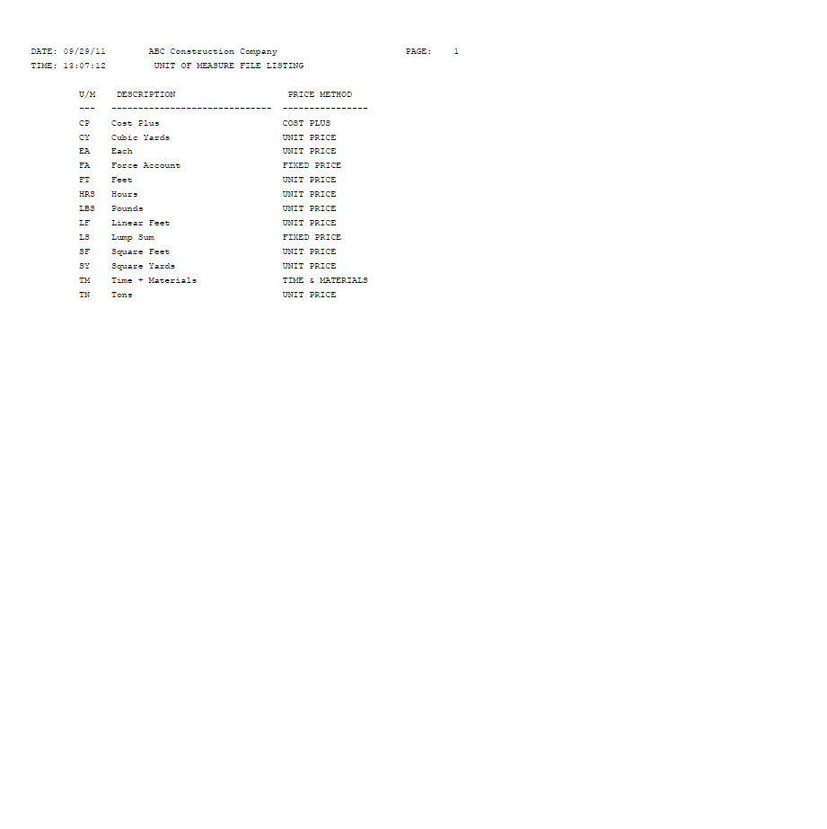 Unit Of Measure File Listing - Sample Report | Trimble Help