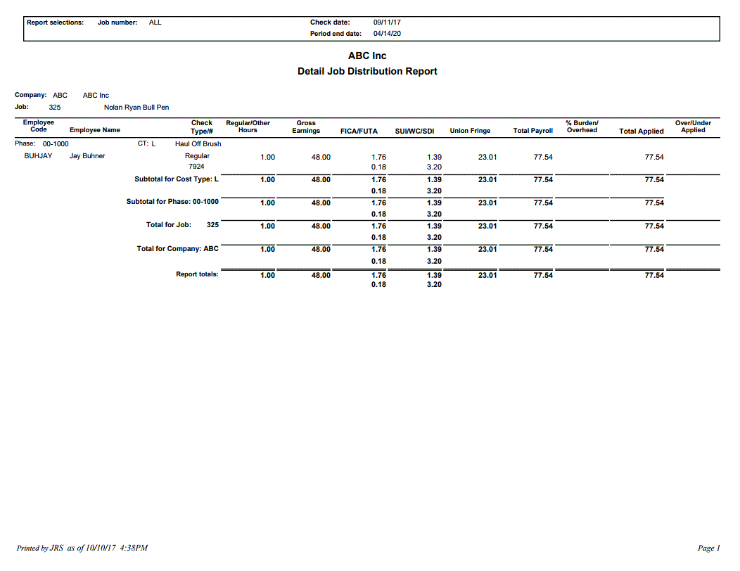 Job Distribution Report Selections Window - Sample Detail Job ...