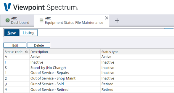 Spectrum Equipment Status File Maintenance page