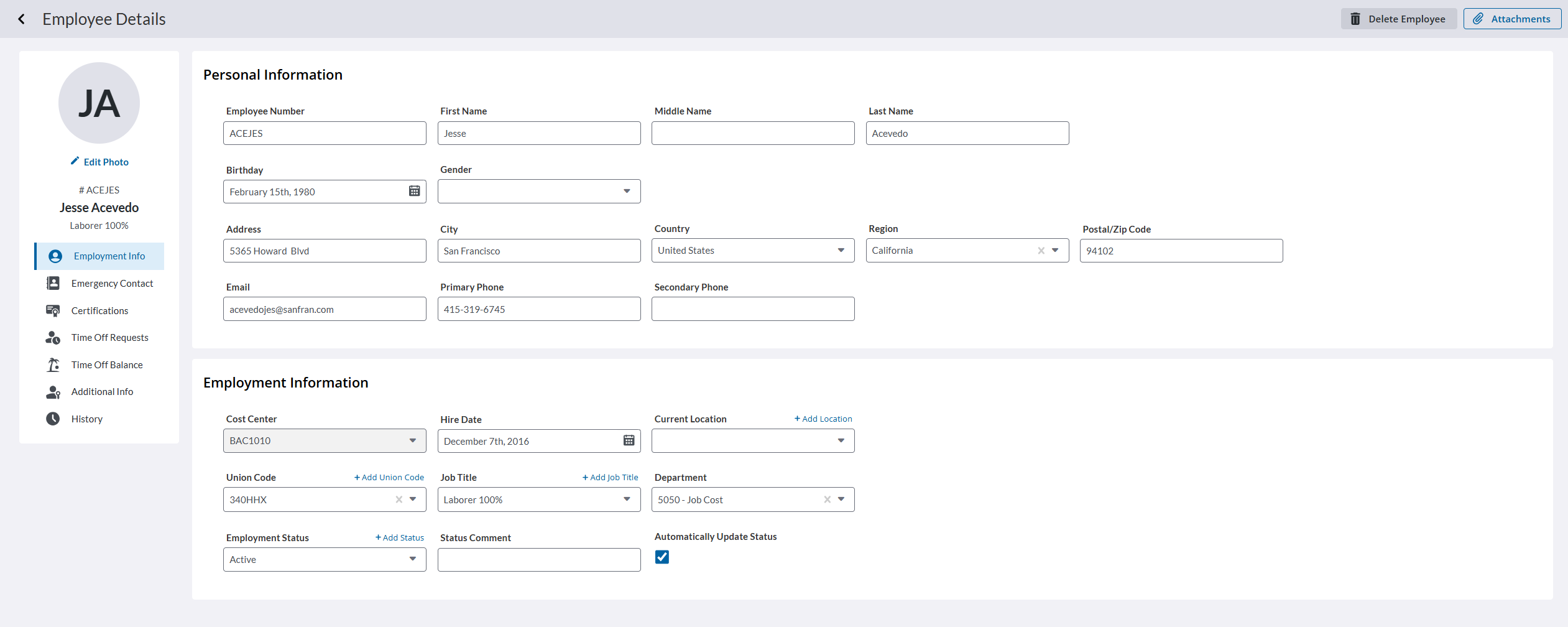 Traqspera employee details page