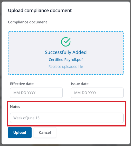 Notes field for uploading compliance documents