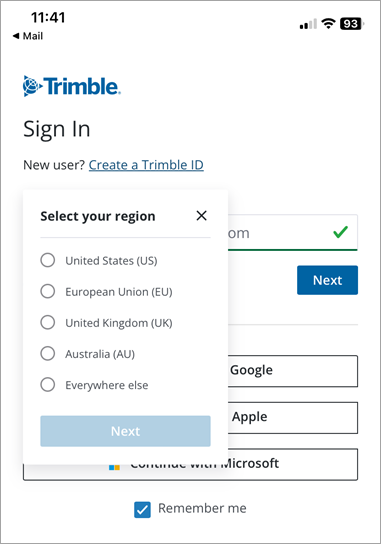 Select your region dropdown