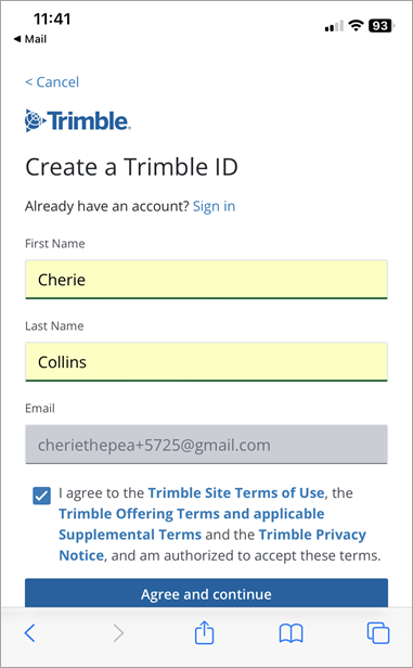 Create a Trimble ID terms of use