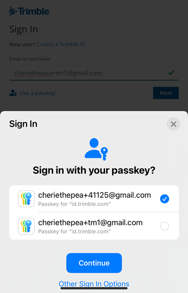 Trimble ID passkey selection page