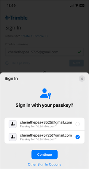 Trimble ID passkey selection page