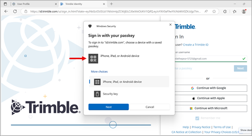 Trimble ID passkey selection page