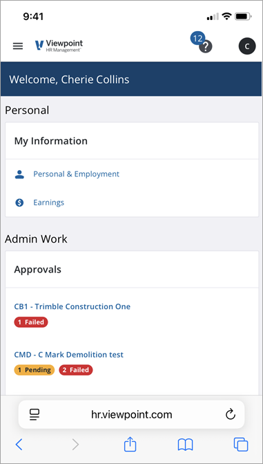 HR Management mobile home page
