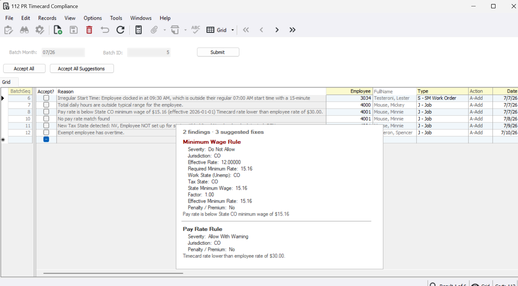 Popup window in PR Timecard Compliance displaying rule findings and suggested fixes