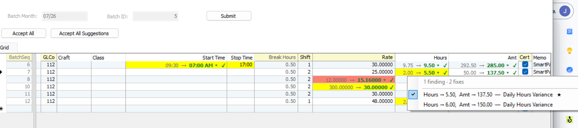 PR Timecard Compliance form showing multiple fix options